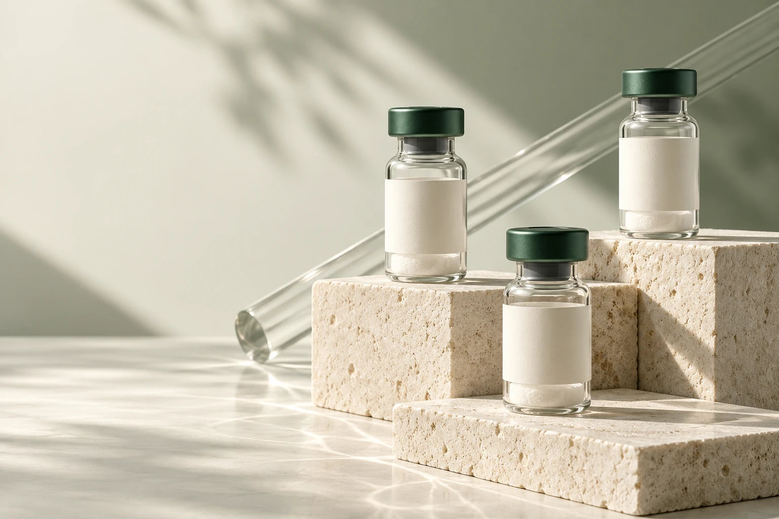 Conceptual laboratory vials on sculptural stone plinths